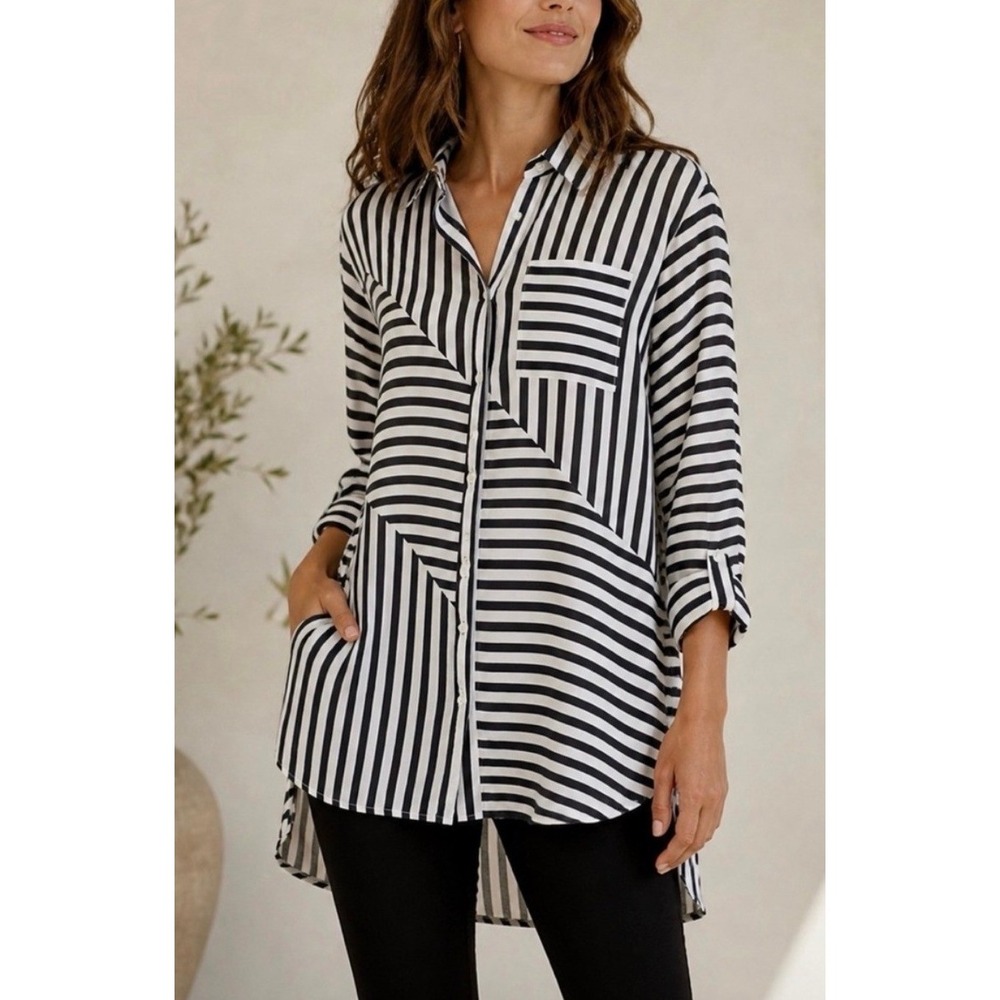 Chico's Women Black White Geometric Stripe Button Down Shirt 0 S 4/6 Tunic